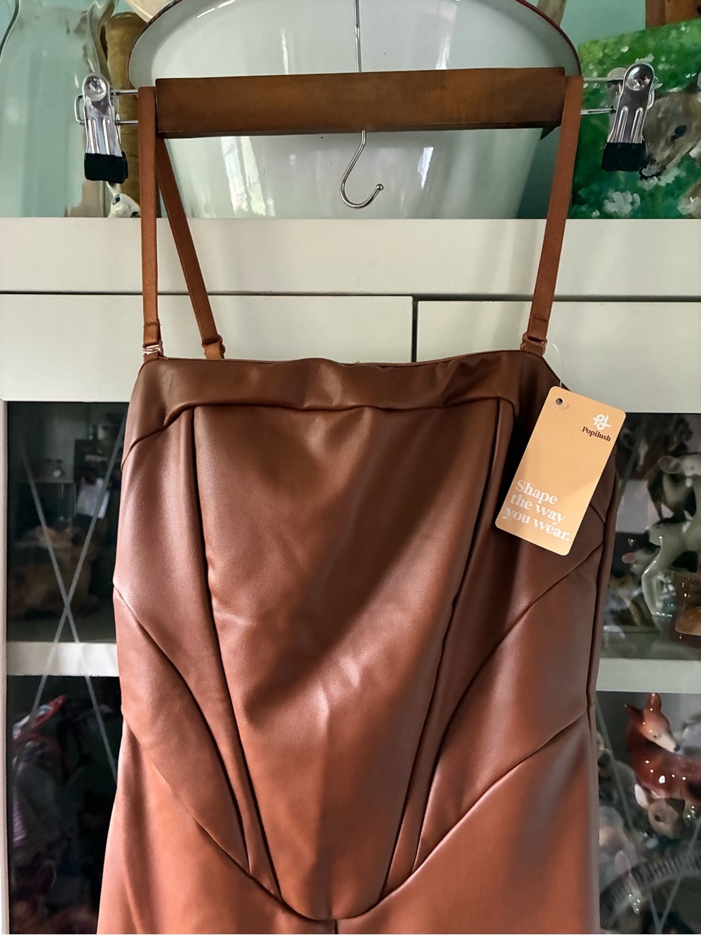 Popilush sz XS Faux Leather Brown Jumpsuit with Strappy Neckline nwt - Picture 5 of 15